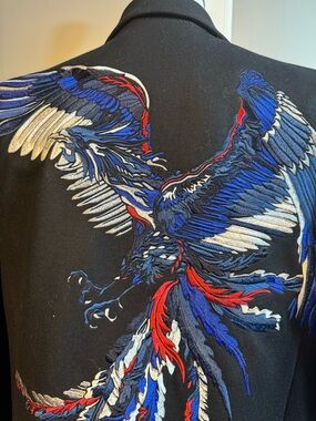 Diesel Black Jacket with Large Embroidered Eagle in Blue, Red & White.  Size L